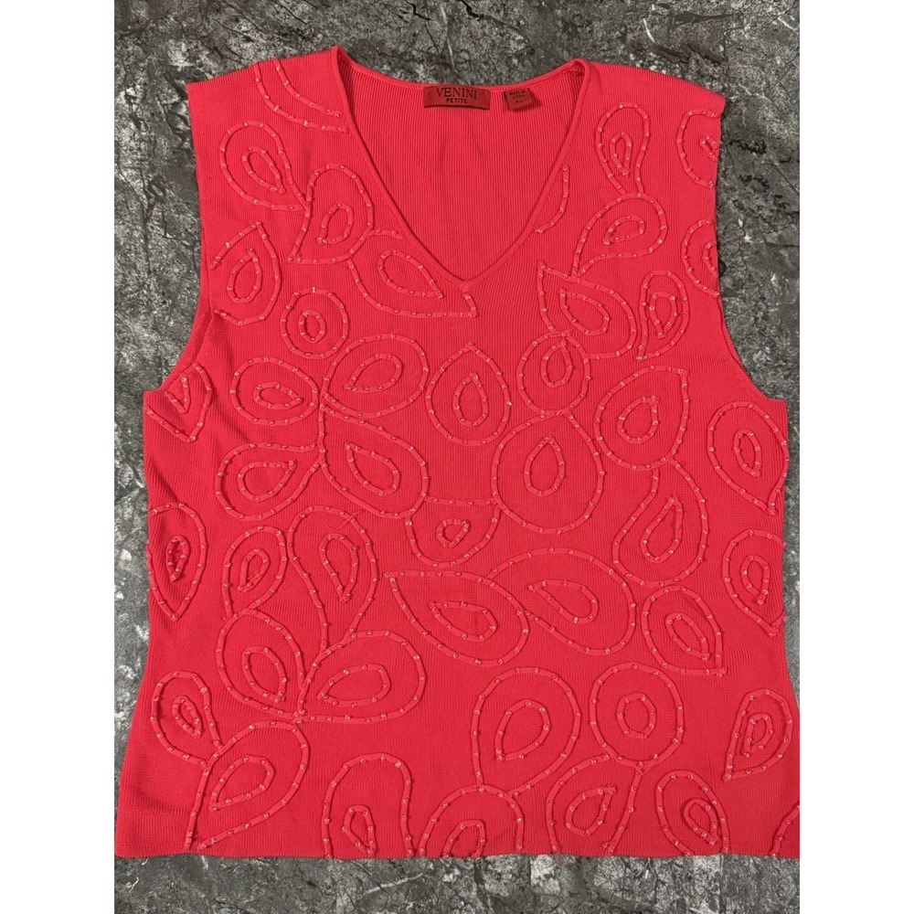 Venini 3D Beaded V Neck Sleeveless Ribbed Knit Top Retro Red Sz L Petite